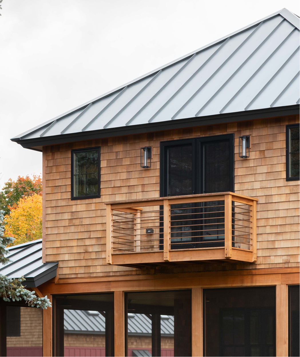Close up exterior photo of a home on Mauran Lane in Dublin, NH featuring Timber Trading ICON® thermally modified wood.